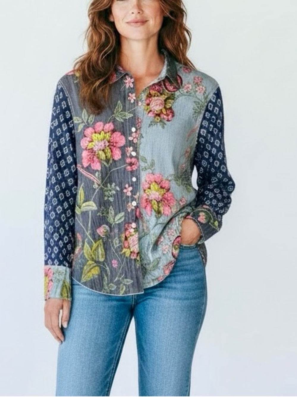 Cino Floral Patchwork Button-Down Shirt in Pink & Blue, Crinkled 100% Cotton, XL